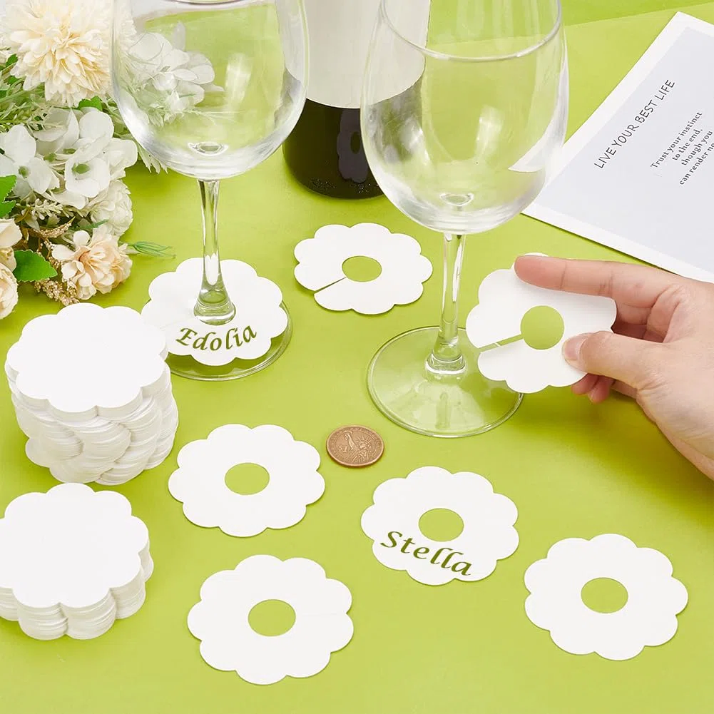 FINGERINSPIRE Marcatori per bicchieri di vino in carta floreale in bianco etichette per nomi per bevande in carta ciondoli per vino in carta marcatori per bicchieri di vino marcatore di