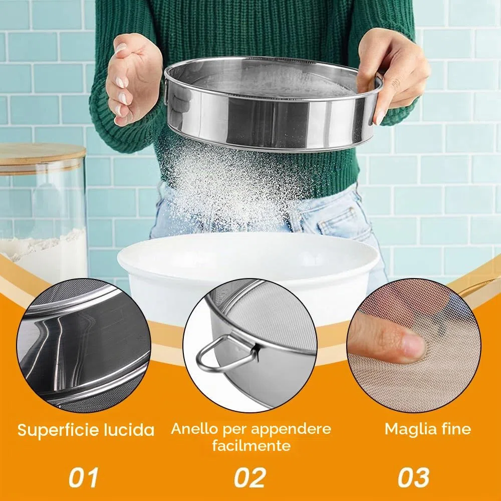 Setaccio per Farina Rotondo in Acciaio Inox 25 cm, Setaccio a Rete Portatile per Glassa, Zucchero, Colino a Maglia Fine con Filtro