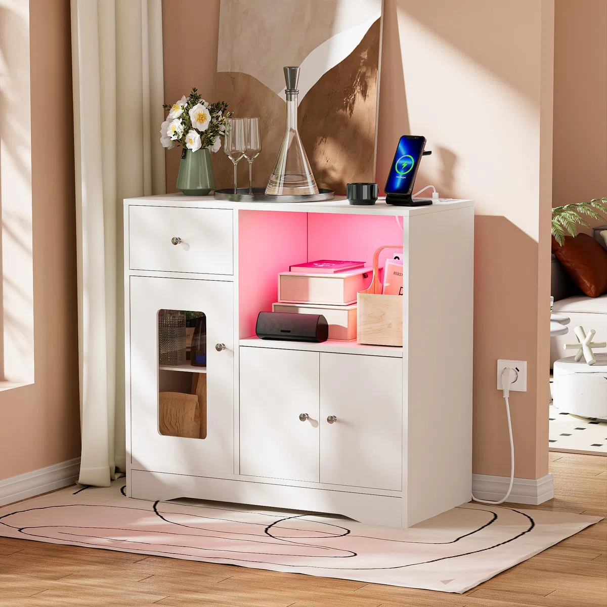 Credenza Cucina con Presa Mobile Cucina per Microonde Buffet con 1 Cassetti e 2 Armadietti Credenza Buffet 83x40x80 cm per Soggiorno Sala da Pranzo Ingresso, Bianco