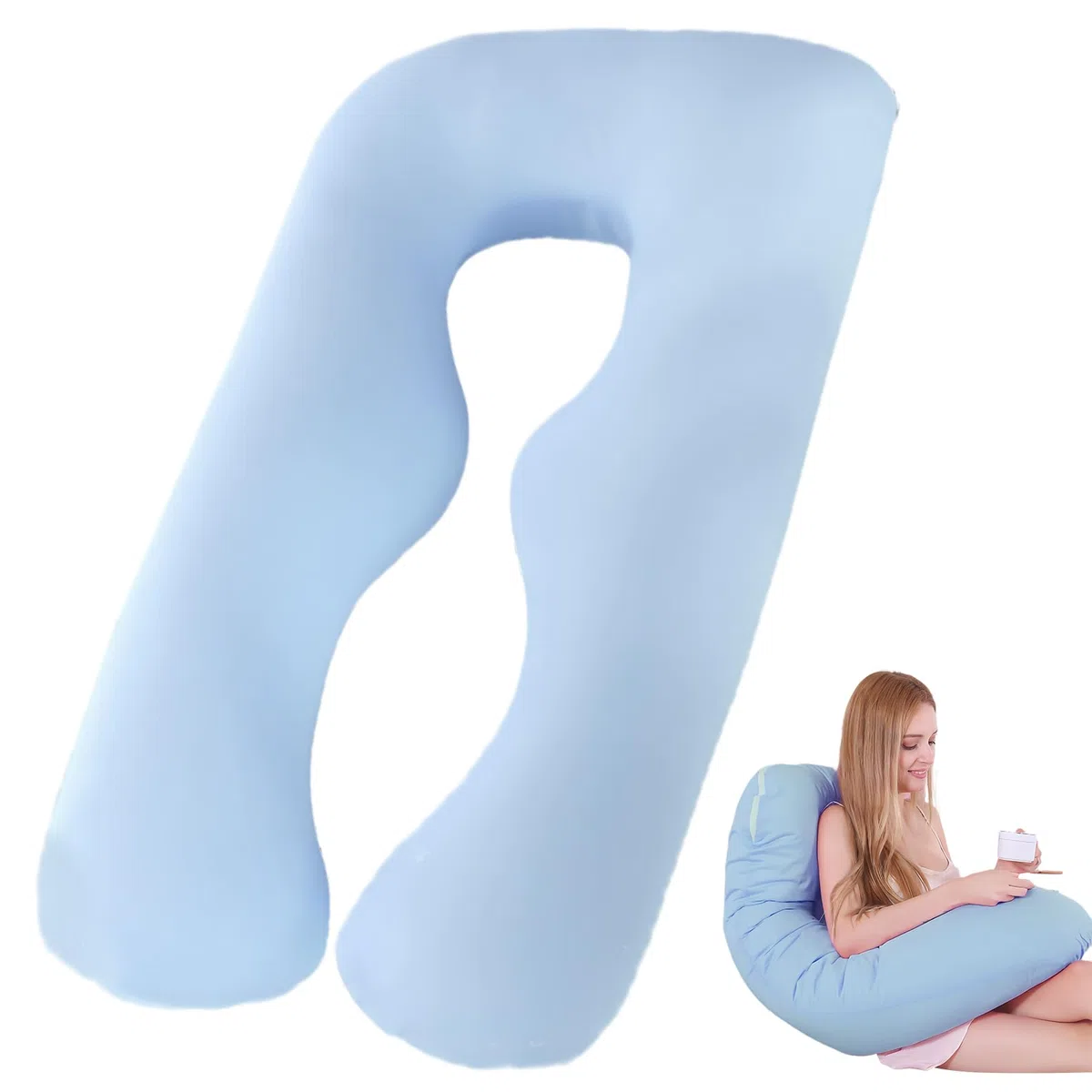 Cuscino per chi dorme sul fianco, federa per cuscino a forma di U, in cotone rimovibile, a forma di U, per adulti, lavabile in lavatrice, 140 x 80 cm, blu