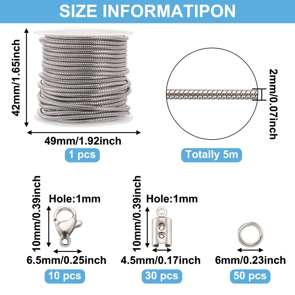 Craftdady 5M Catena in Acciaio Inox Rotonda a Serpente con Anello a Molla Moschettone e Gemme per Catene Fai Da Te Kit per Realizzare Collane Gioielleria per Uomini Donne