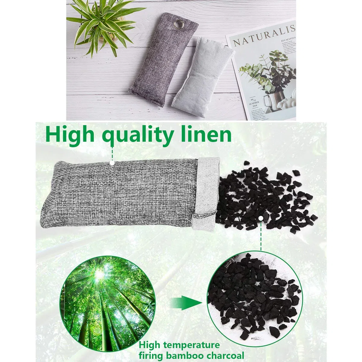 85g x10 Deumidificatore Naturale, Sacchetto Carbone bambù, Deodorante Auto, Purificatore d'Aria, Assorbi umidità Armadio, Elimina Odori per Frigorifero Seminterrato Scarpe Borsa da Ginnastica