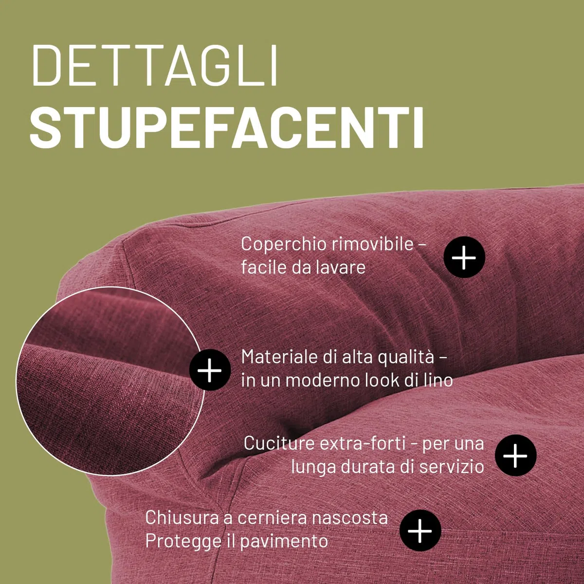 Lumaland Interior Line - Pouf, divano rotondo per interni, imbottitura da 320 l, 90 x 50 cm, effetto lino anche al tatto, colore: rosso
