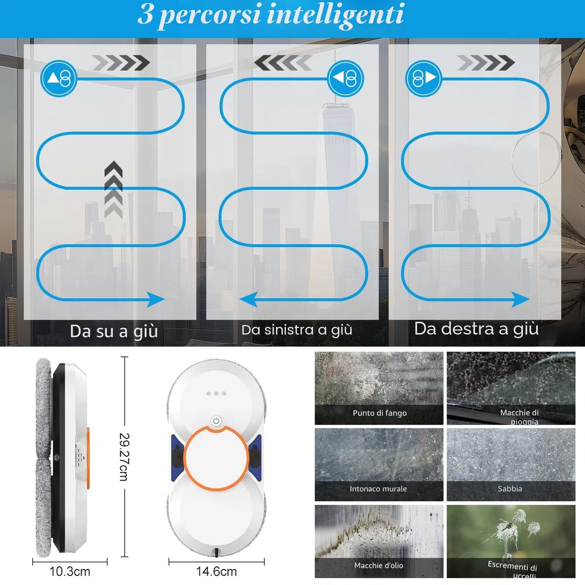 IERAKOR Robot Lavavetri, 5600Pa Robot Lavavetri Finestre con Doppio Sistema di Spruzzo, 3 Modalità Pulizia, Telecomando, Navigazione Intelligente, Rilevamento dei Bordi, Protezione Anticaduta＆8 Panni