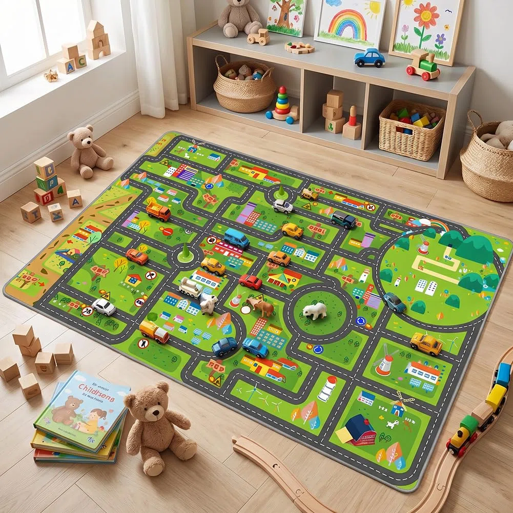 Tappeto con Tracciato Stradale Cartoon, Tappeto Mappa Città, Carpet in Fibra di Poliestere,Carpet Decorativo Antiscivolo e Lavabile per Ambienti Domestici-80x120cm