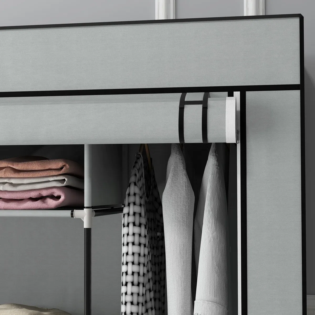 HOMCOM Armadio Portatile in Tessuto non Tessuto e Acciaio, Guardaroba con 10 Ripiani, 4 Cassetti, 2 Barre Appendiabiti e Ante a Cerniera, 166x42.5x169.5cm, Grigio Scuro