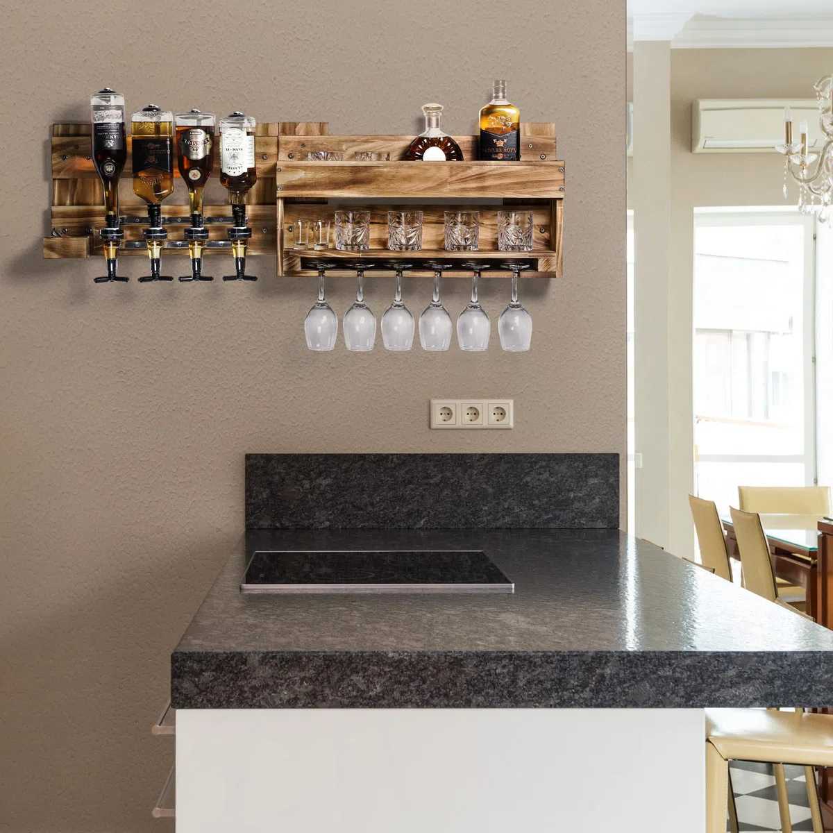 Yorbay Portabottiglie a Parete con 4 Dispenser Bevande, Supporto in Vetro, Porta Bottiglie da Vino, Porta Calice, Scaffale di Esposizione di Stoccaggio del Vino in Legno Rustic