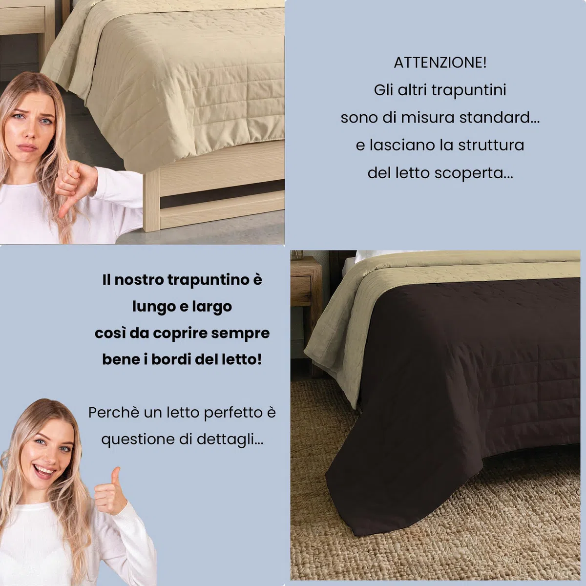 TRAPUNTINO ESTIVO ELEGANT NO STIRO - Made in Italy - Copriletto Matrimoniale 260x270 cm in Morbida Microfibra - Tinta Unita - DoubleFace - Trapunta 100 g - Marrone/Panna