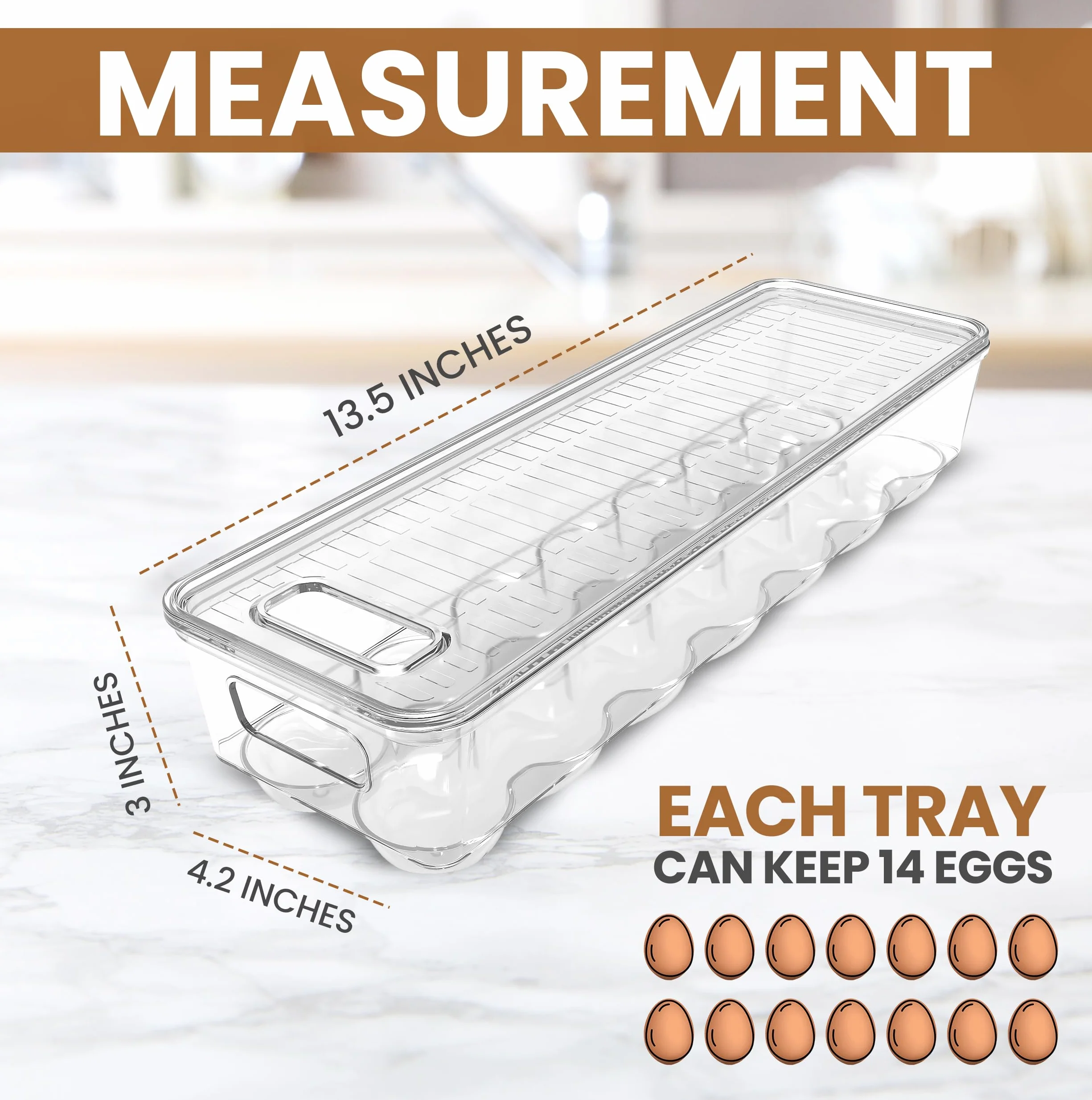 Kichly Contenitore per uova per frigorifero, contenitore per 14 uova con coperchio e manico, porta uova per frigorifero, contenitore per uova e vassoio per uova (trasparente, confezione da 2)