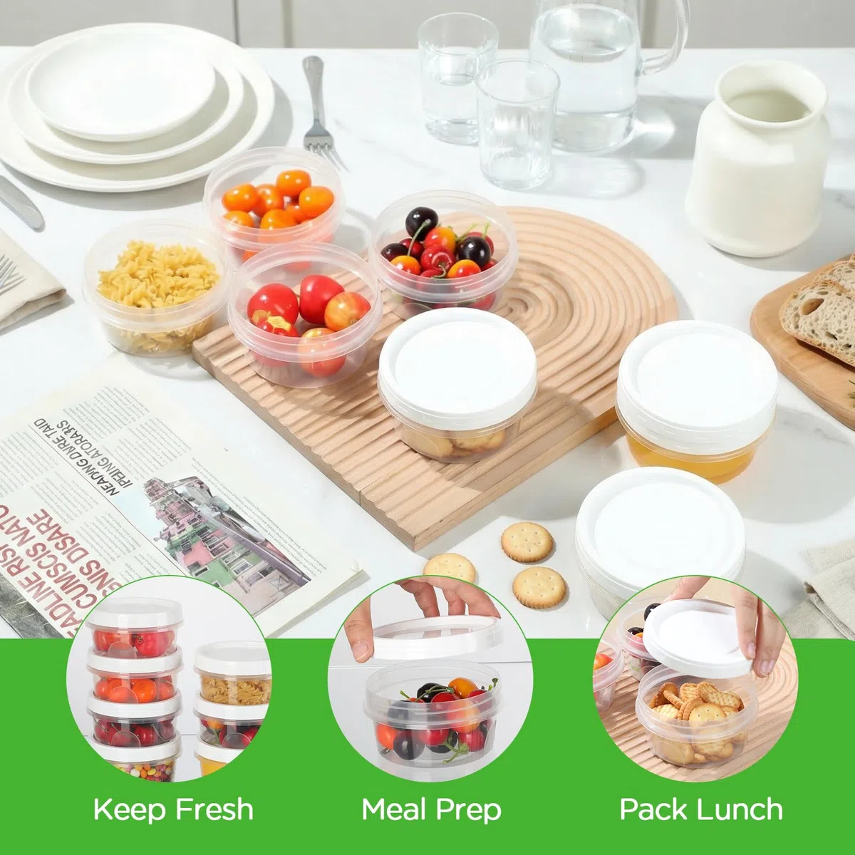 VINATO 18 Pcs Contenitori per Alimenti, 300ML Contenitori per Freezer Contenitore Ermetico per Alimenti Barattolini Plastica Piccoli con Tappo, Lavabili in Lavastoviglie, Adatti a Microonde e Freezer