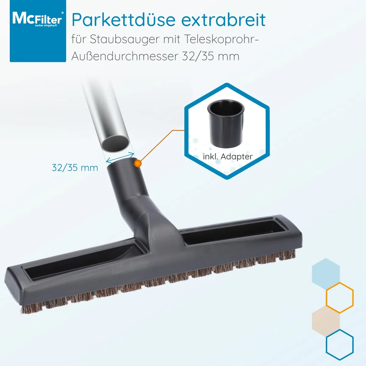 McFilter | Bocchetta universale per pavimenti duri 32/35 mm Bocchetta per aspirapolvere 360 mm extra larga compatibile con Siemens, Bosch, Miele, 2 ruote, pelo morbido