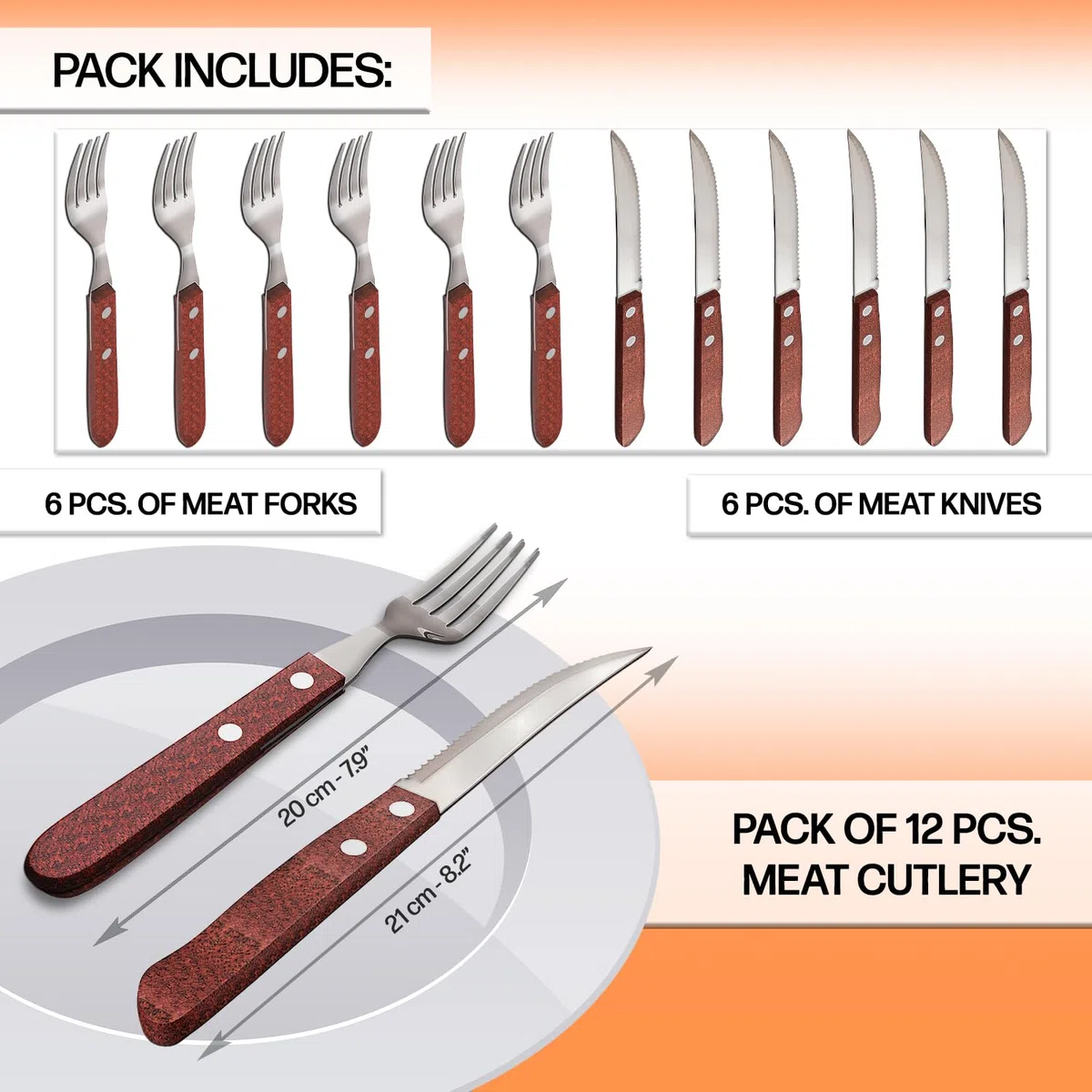 Posate da bistecca acciaio inox legno 12 pezzi con 6 pezzi di coltelli da bistecca e 6 pezzi di forchette da bistecca