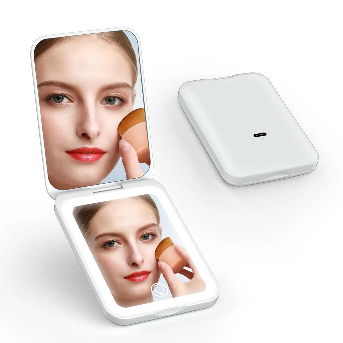 QUMOX Specchio Trucco Compatto Ricaricabile con Luce, Specchio Doppio 1X e 2X Ingrandente, 3 Modalità di Illuminazione, Luminosità Regolabile, Specchio Portatile Pieghevole USB-C da Viaggio
