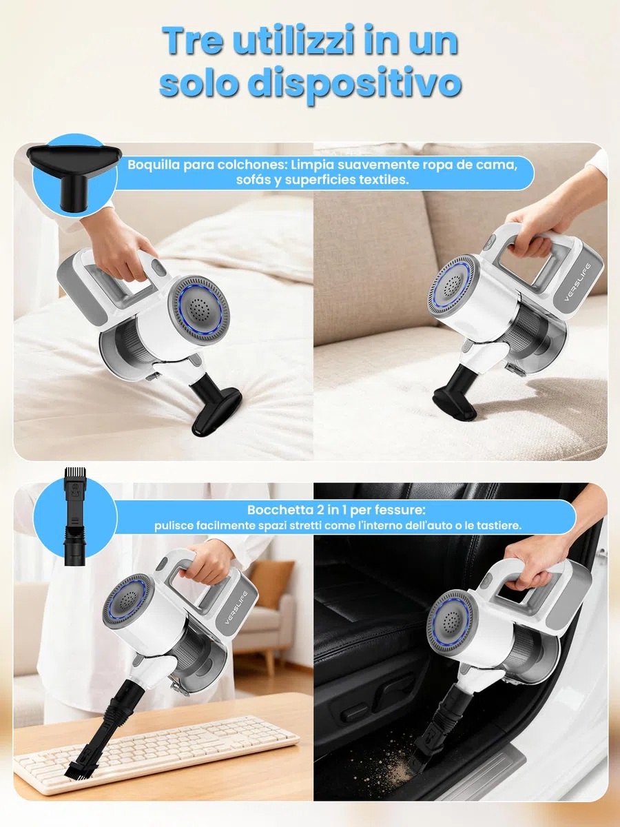 VersLife S6 Scopa elettrica senza fili 2 in 1 con Tubo di Prolunga, Multifunzione, Multiple Spazzole, Ricarica USB Tipo C, Filtro HEPA, Filtrazione Multipla, per Pavimenti in Legno/Divani (bianco)