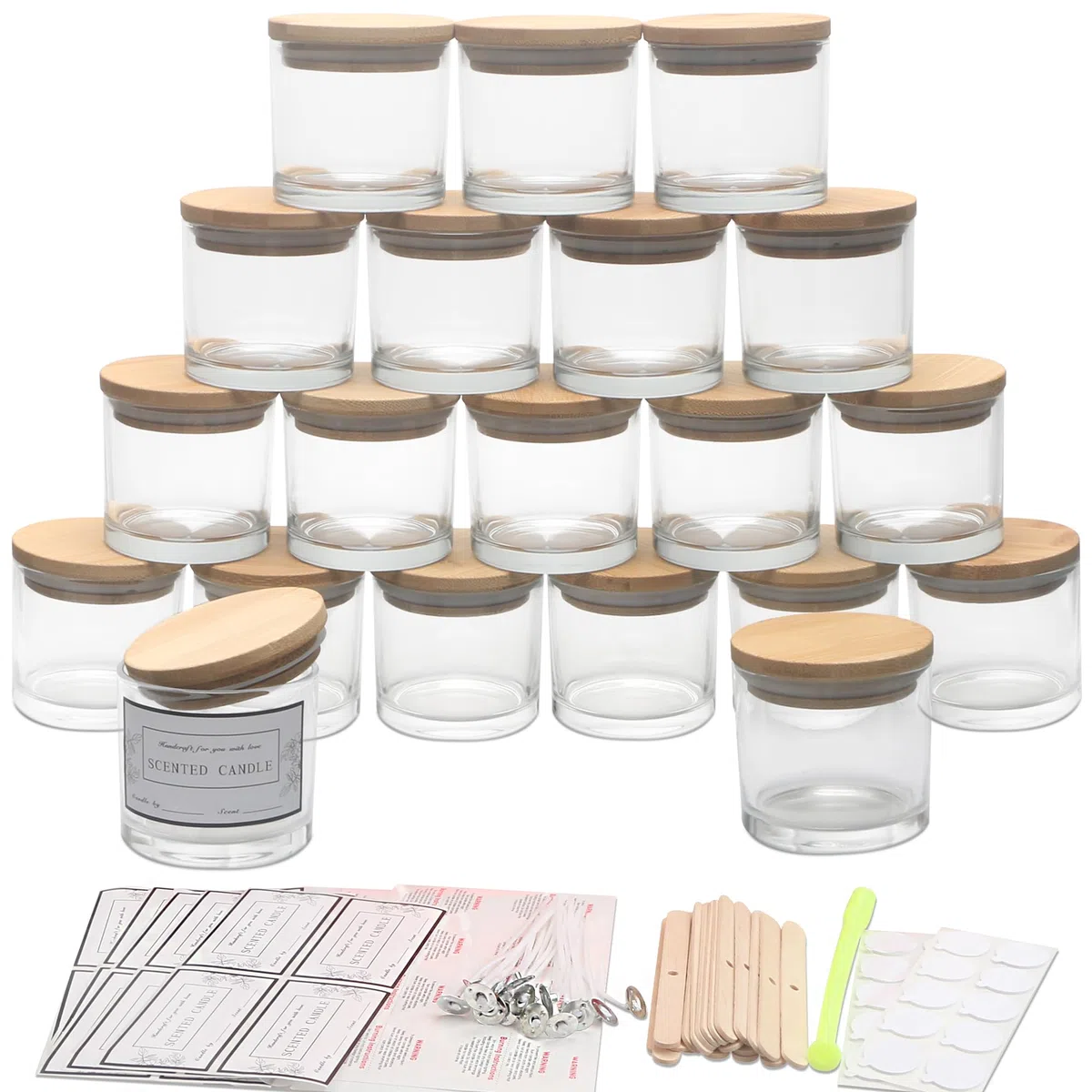 MILIVIXAY Set di 20 barattoli per candele in vetro trasparente da 113 ml con coperchi e kit per la creazione di candele - Barattoli per candele vuoti sfusi per la creazione di candele - Contenitori