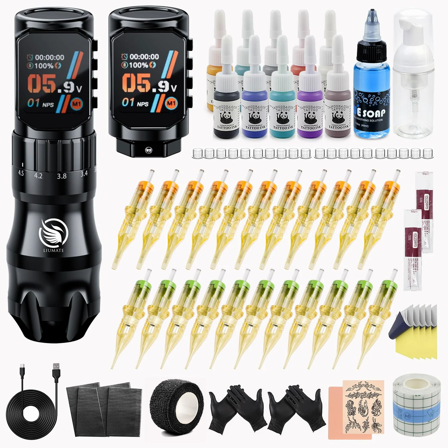 Kit Macchina Senza Fili con con 2 Batteria da 2200 mAh 7 Corse 2.3-4.5mm, Wireless Rotative Macchine con 20 aghi 10 Bottiglie di Inchiostro per principianti e artista LIUMATE