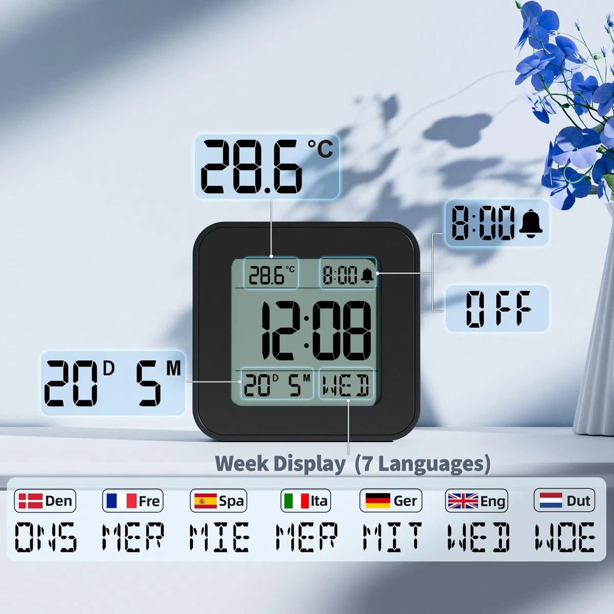 LATEC Sveglia da Comodino, Sveglia Digitale da Viaggio con Temperatura, Alimentato a Batteria, Retroilluminazione, Funzione Snooze, Calendario, 12/24H, Nero(Batterie Incluse)