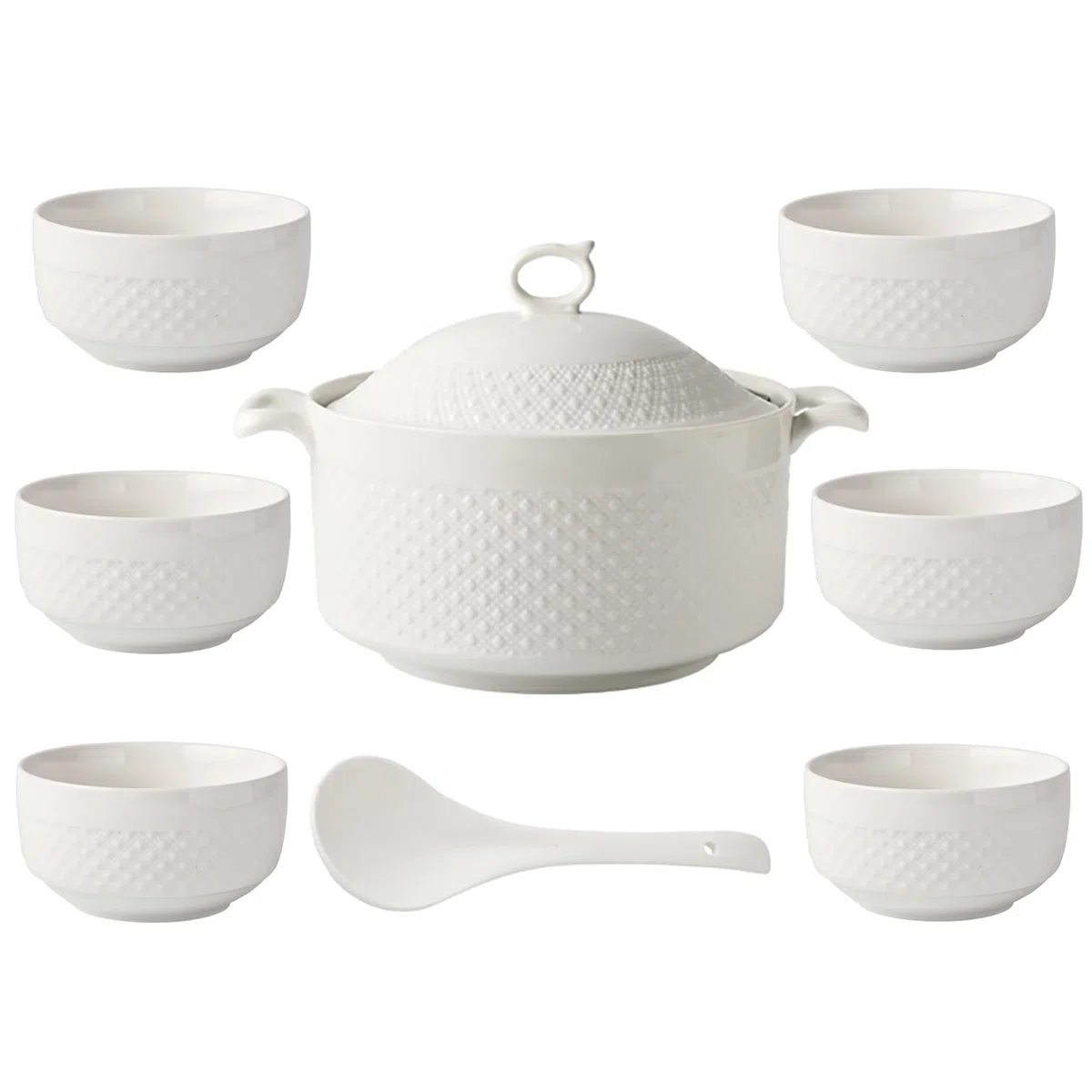Zuppiera con Ciotole, Ciotola Zuppa in Porcellana con Coperchio e Mestolo Set di Stoviglie Bianche per la Cucina di Casa Ristorante,3.6l+6
