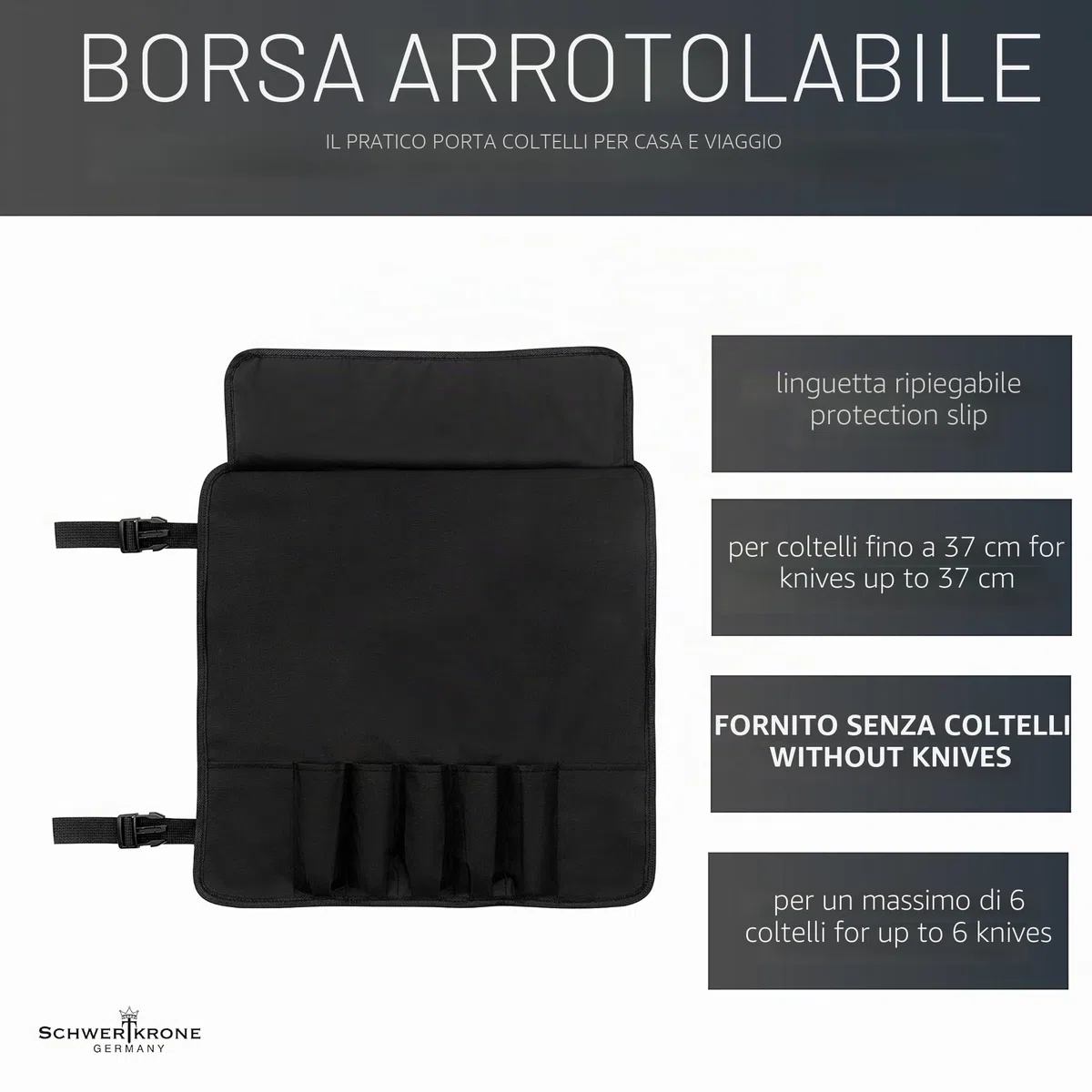 Schwertkrone Borsa per Set Coltelli da Macellaio - 6 Fessure, Organizzazione Perfetta, Tessuto Robusto - Porta Cotelli Rotolo - Nero