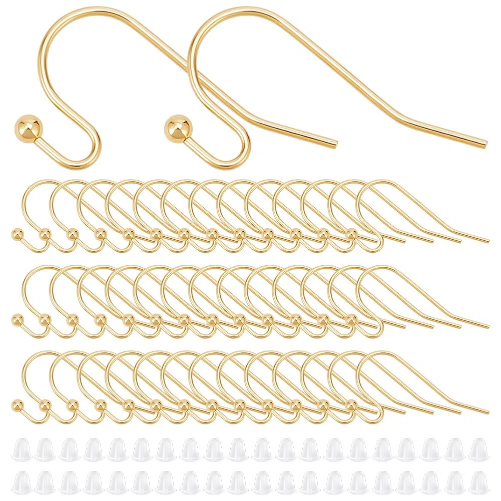 UNICRAFTALE 100 ganci per orecchini placcati in oro 18 carati, con passanti, dorati, con 100 dadi in plastica, per la produzione di gioielli fai da te