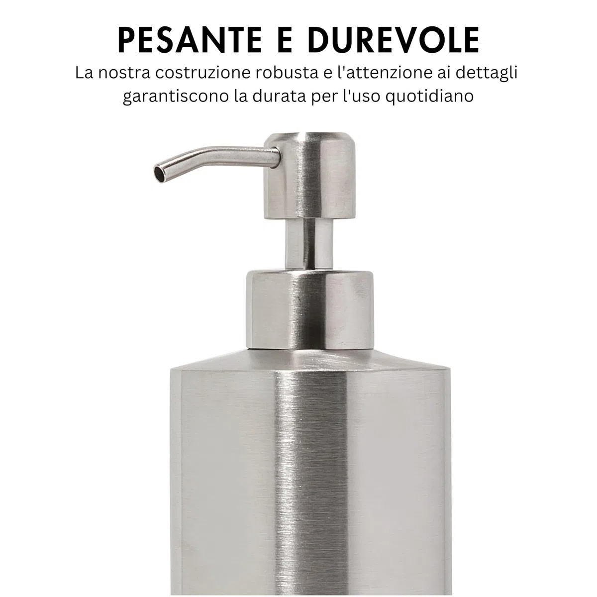 Yew Design dispenser di sapone in acciaio inox argento per bagno e lavello da cucina, ricaricabile, 450 ml, pompa rotonda in acciaio inox per sapone, detergenti, lozioni e piano di lavoro