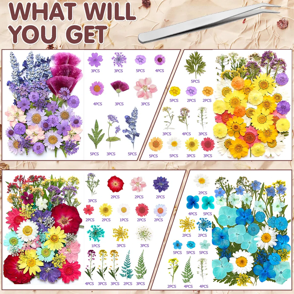 Vautvi 159 Fiori Secchi Per Resina, Candele, Unghie, Decorazioni e Scrapbooking - Con Pinzetta, Veri Pressati, Composizione Fai Da Te