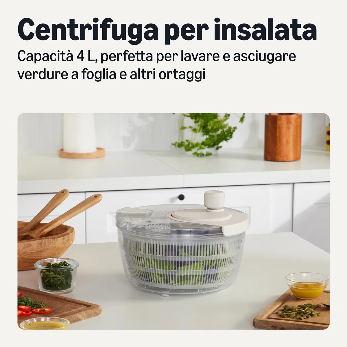 Amazon Basics Centrifuga per Insalata, Senza BPA, 4L, Grigio Lino