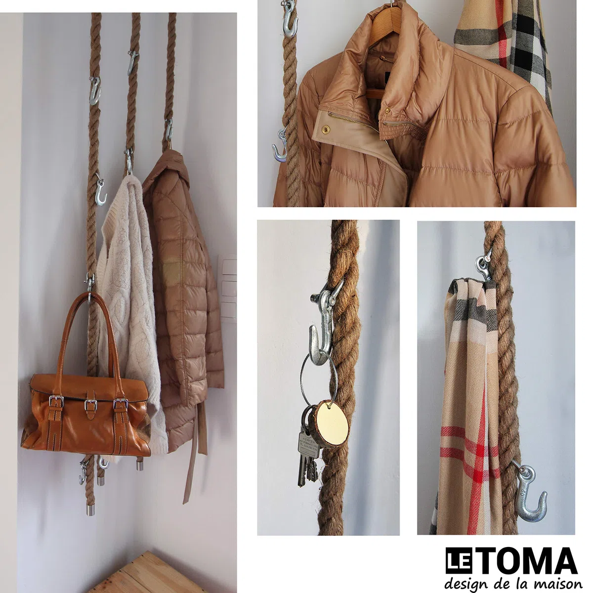 Guardaroba in corda di juta con ganci in metallo per appendere al soffitto, parete in design industriale - pratico, salvaspazio - 1x corda de 160 cm e 5 robusti ganci per gru in acciaio