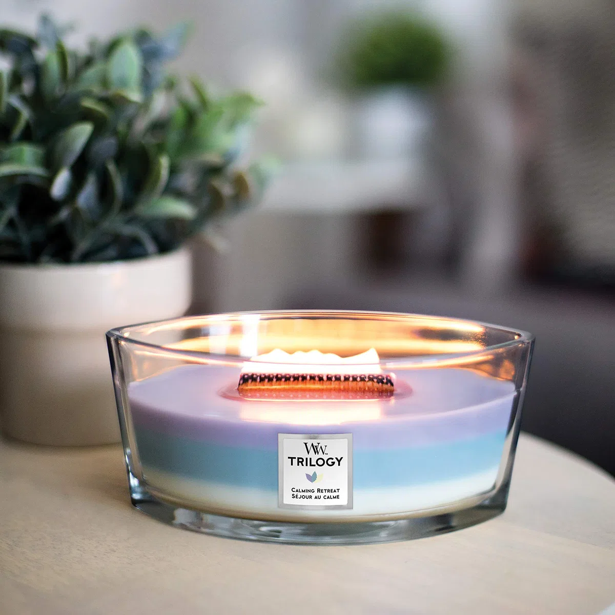 WoodWick Ellipse Trilogy candela profumata con fiamma HearthwickRifugio di pace