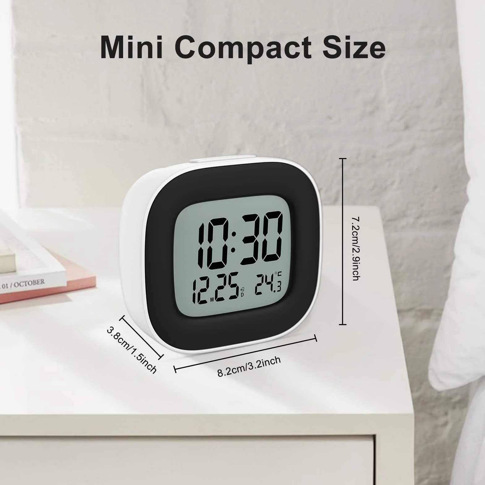 Sveglia da Comodino a Pile con Visualizzazione della Temperatura, Funzione Snooze e Retroilluminazione per Viaggi, Camera da Letto (2 Batterie AAA Incluse) Bianco