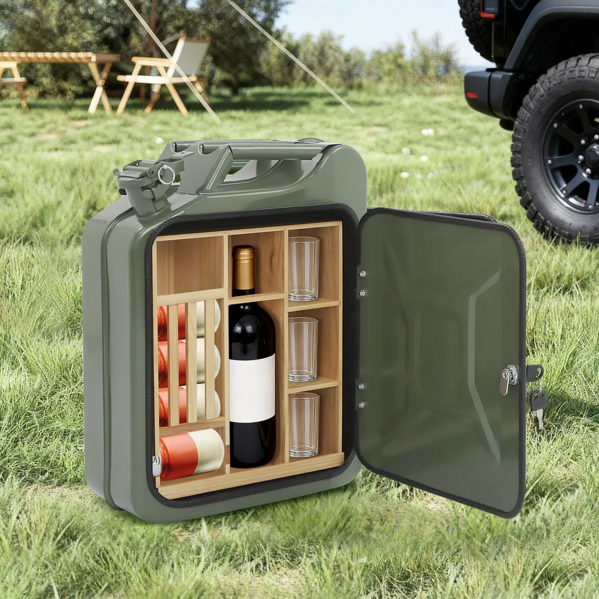 Tanica bar in metallo, minibar con serratura con scomparti in legno, come regalo per uomini, bar mobili, 35 x 15,5 x 47 cm