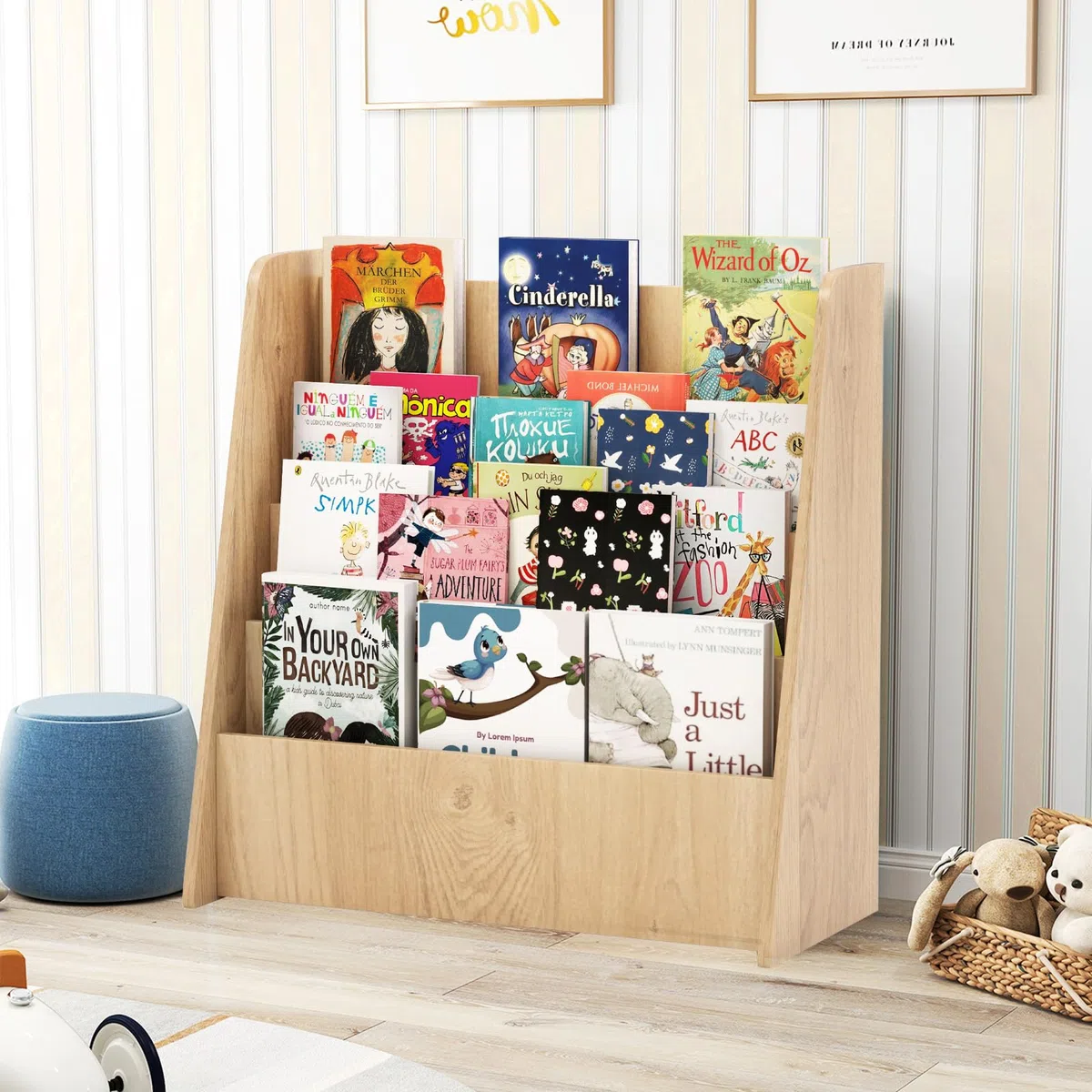 GYMAX Libreria per Bambini in Legno a 4 Ripiani, Scaffale per Libri con Ripiani Profondi, Espositore per Libri, per Cameretta dei Ragazzi, Soggiorno, Asilo Nido, 57,5 x 26,5 x 59 cm (Naturale)