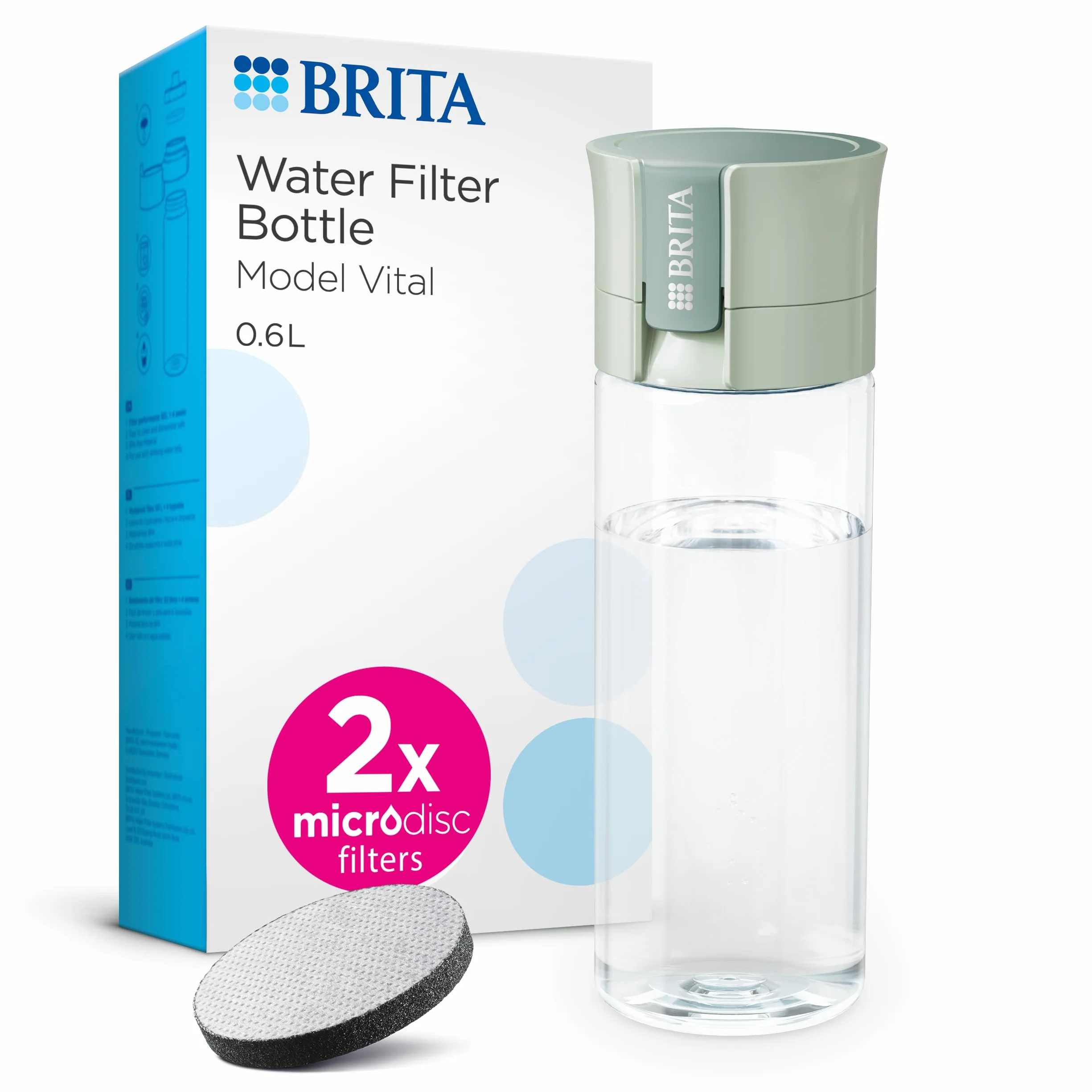 BRITA Borraccia Filtrante Vital verde (600 ml) incl. 2xfiltri MicroDisc – riduce cloro, impurità organiche, PFAS, ormoni e pesticidi e preserva i minerali essenziali