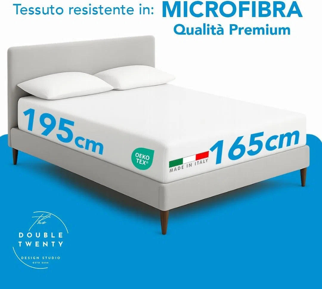 The Double Twenty Coprimaterasso Matrimoniale 165x195x30cm Micro Fibra Made in Italy Alta Qualità - Copri Materasso Matrimoniale con Angoli Elastici - Coprimaterasso Antiacaro Certificato Oeko-Tex