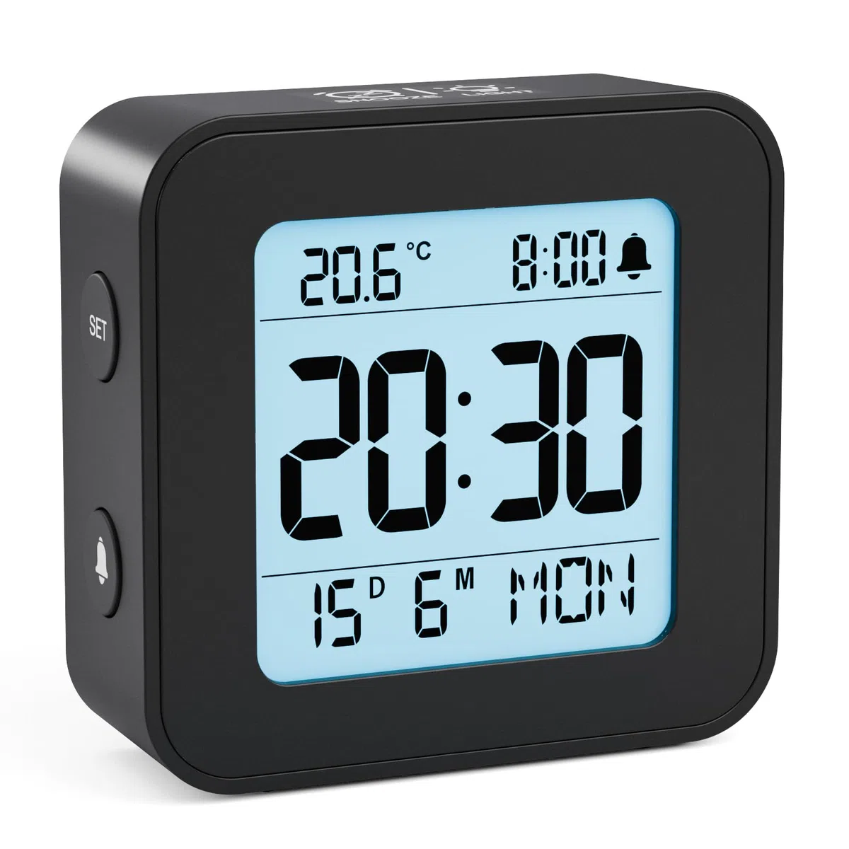 LATEC Sveglia da Comodino, Sveglia Digitale da Viaggio con Temperatura, Alimentato a Batteria, Retroilluminazione, Funzione Snooze, Calendario, 12/24H, Nero(Batterie Incluse)