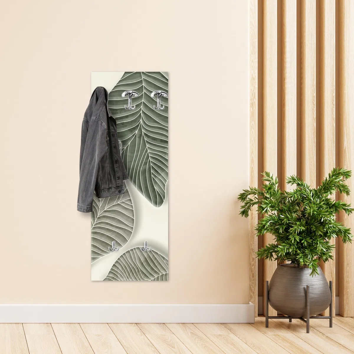 Lupia - Appendiabiti da Parete moderno con pannello in legno Stampato, FOGLIAME 46x125 cm, Design Naturalistico, 5 Ganci in metallo, Stampa HD, ingresso soggiorno camera da letto