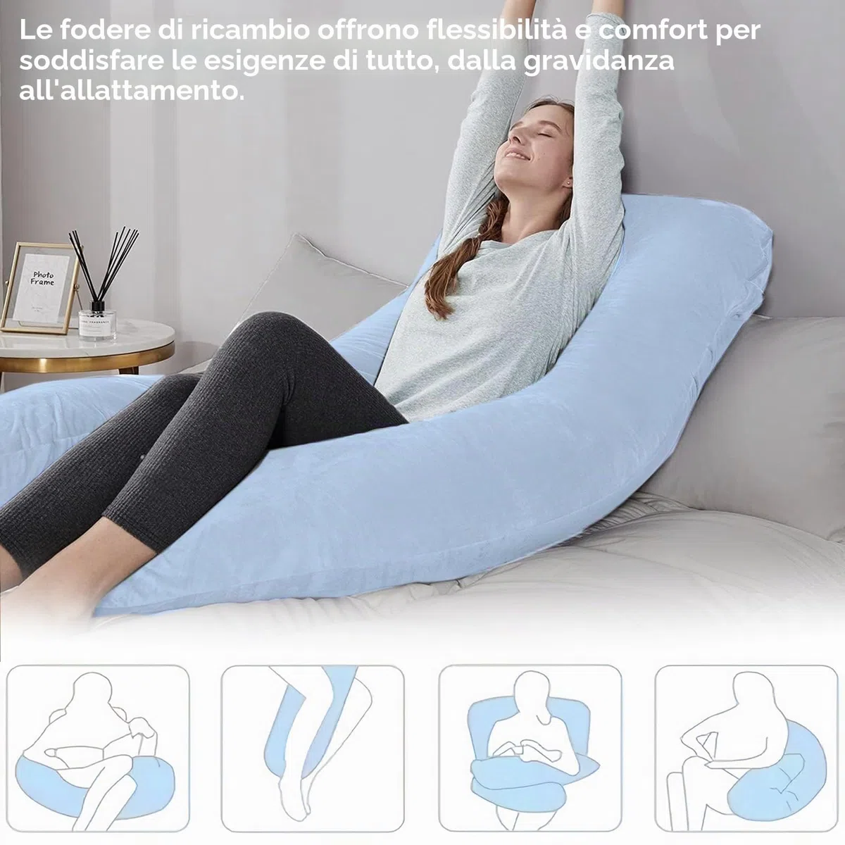 Cuscino per chi dorme sul fianco, federa per cuscino a forma di U, in cotone rimovibile, a forma di U, per adulti, lavabile in lavatrice, 140 x 80 cm, blu