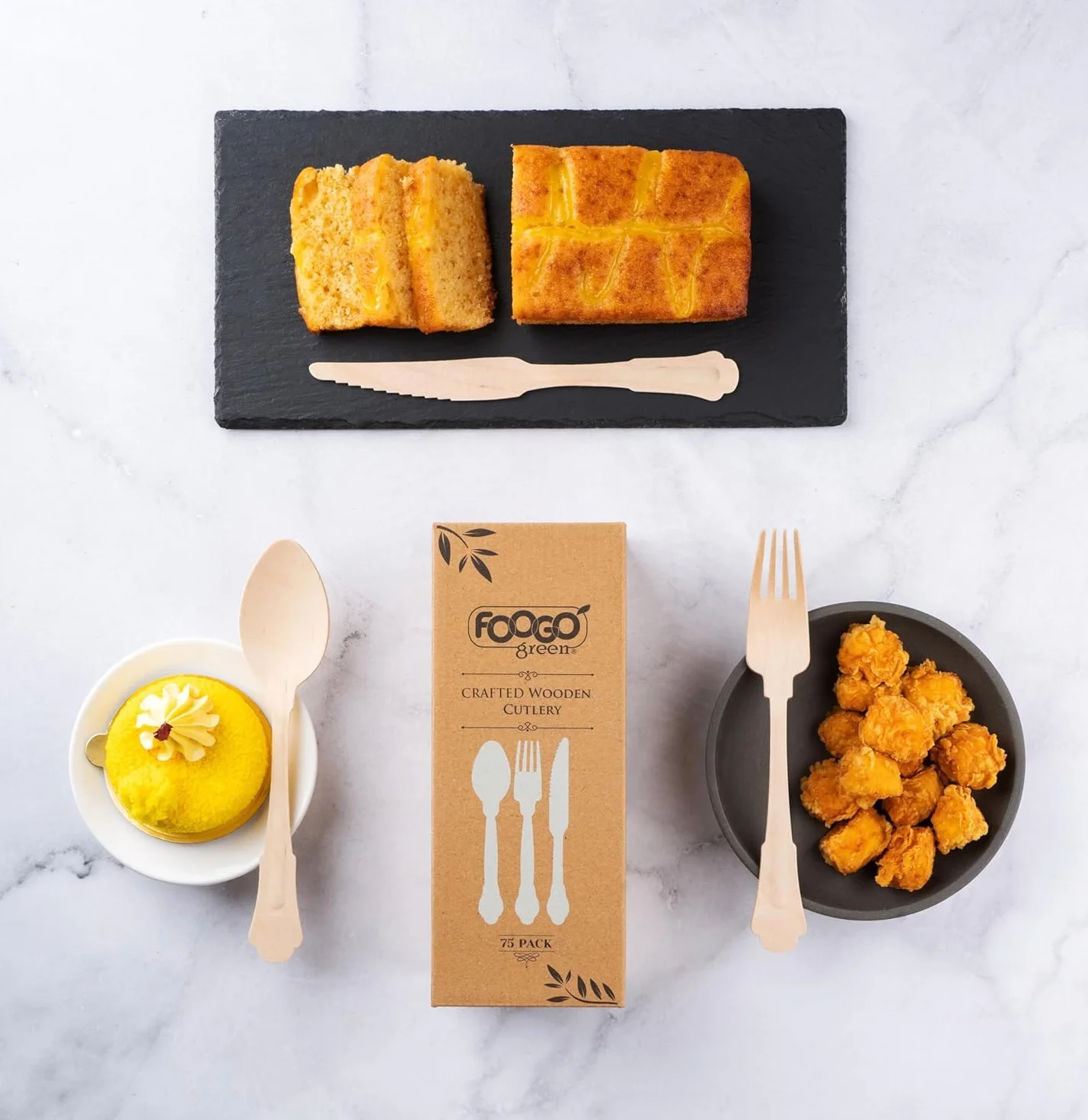 FOOGO Green Set di 75 Posate Monouso in Legno, Certificate FSC®, 25 Forchette, 25 Cucchiai, 25 Coltelli, 16 cm, Compostabili, Set di Posate, Picnic, Set di Posate in Bambù per Aperitivi, Stuzzichini