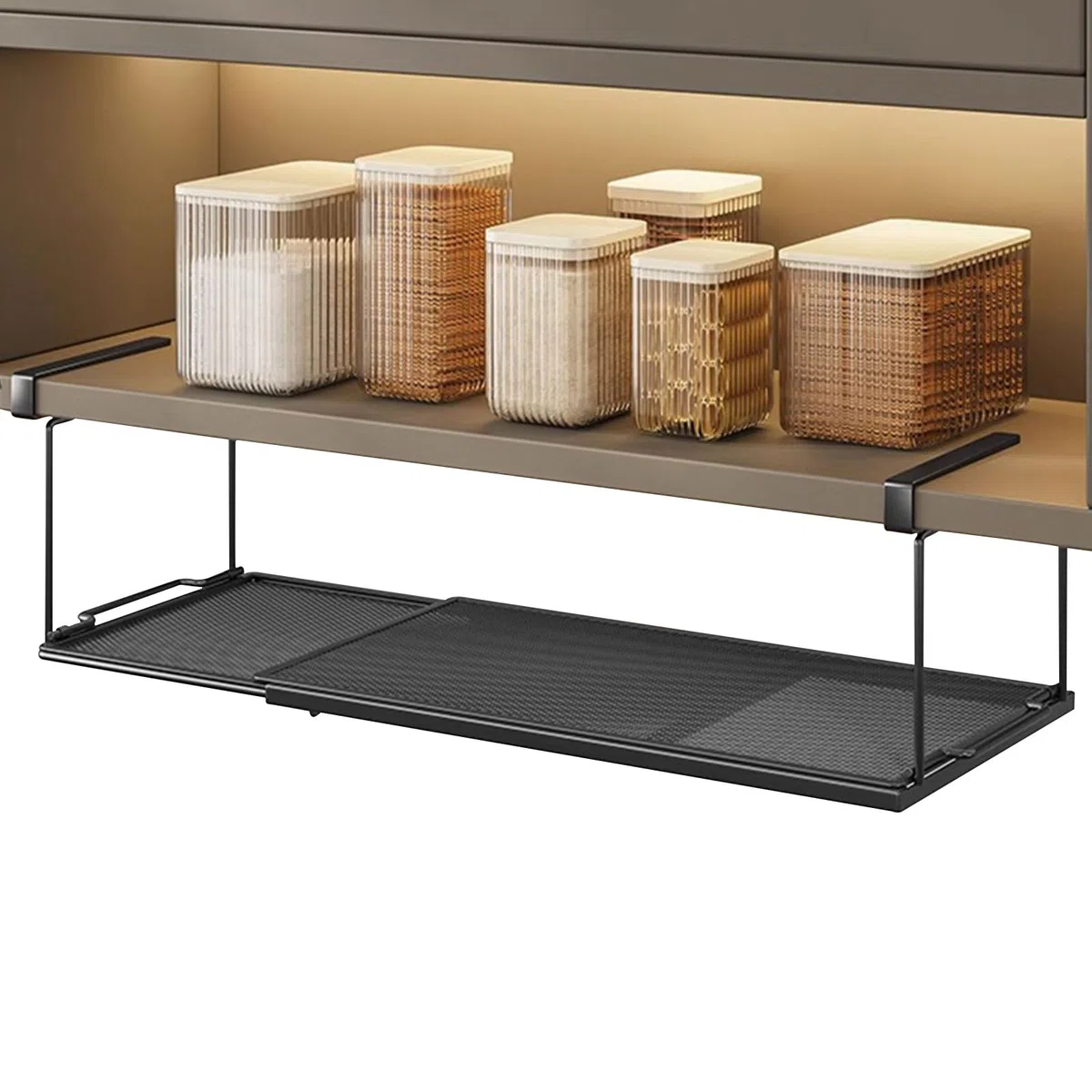 Mensola sospesa in metallo, regolabile 38 – 70 cm – Cestello portaoggetti estraibile per cucina, armadio, tavolo, bagno (nero)