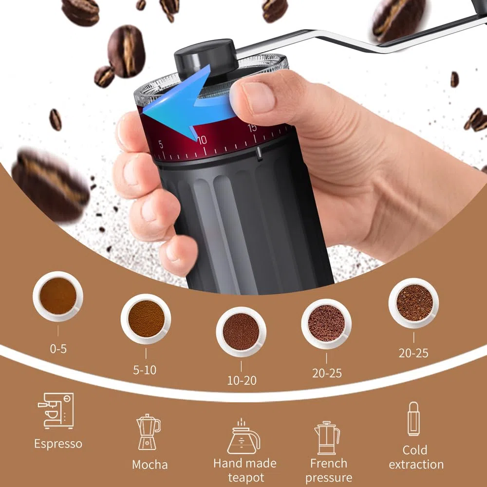 Macinacaffè Manuale Regolabile, Macinino Caffè a Mano con Impugnatura Pieghevole e Acciaio Inox, Macinacaffè Manuale con Meccanismo Conico in Ceramica Precisione per Espresso et French Press
