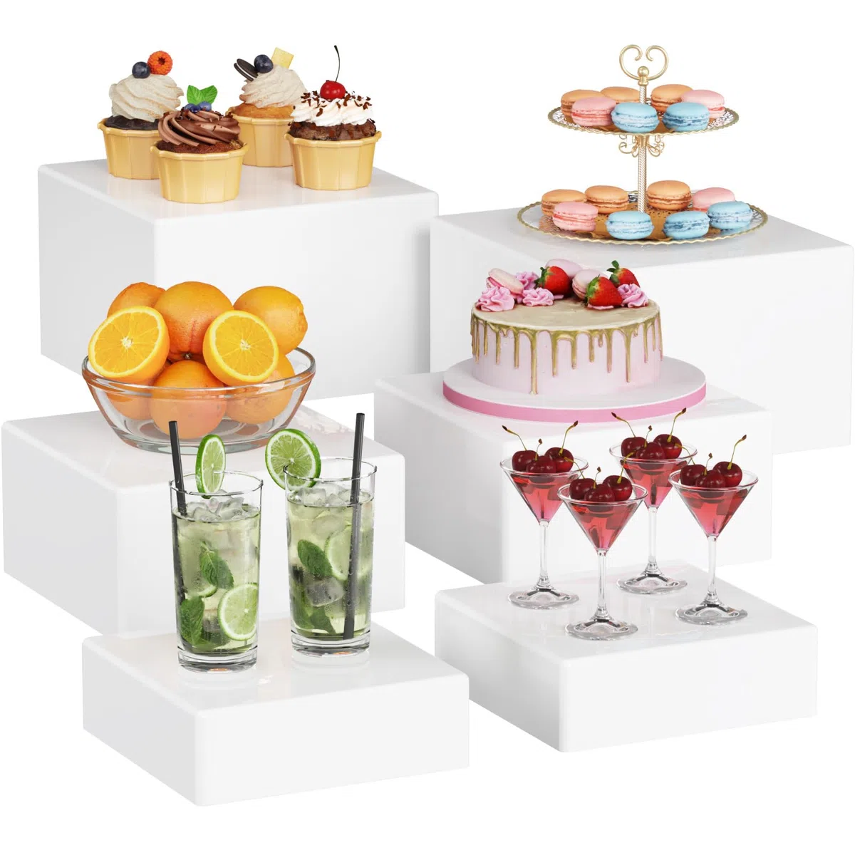 Lifewit Espositore da Buffet per Aperitivo, Supporti in Plastica per Torte, Dessert, Oggetti da Collezione, Gioielli, Supporto Cubico Annidabile, Bianco, Set di 6 (20/18/15 cm)
