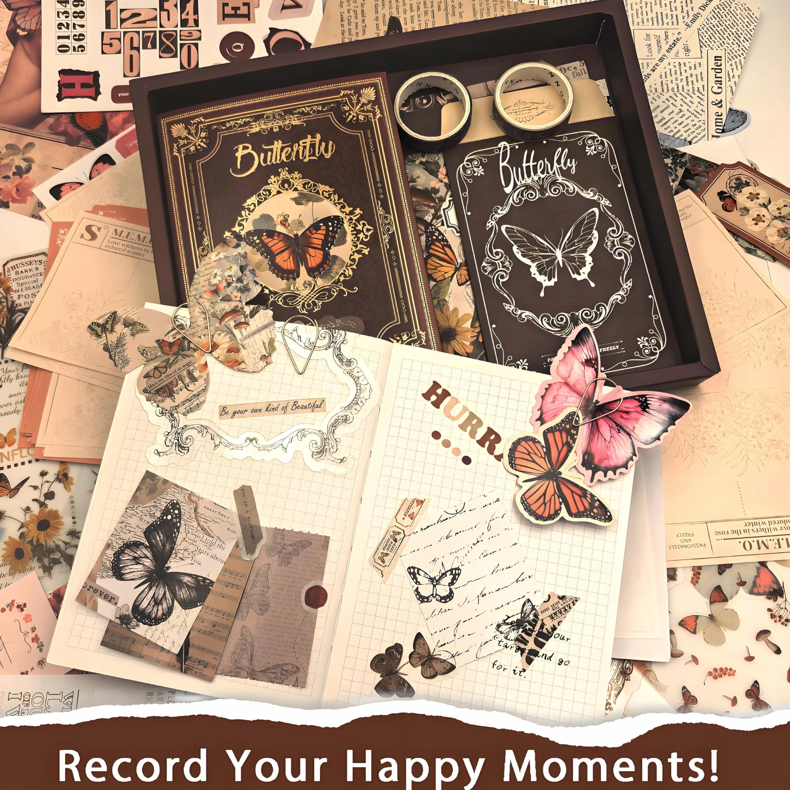 ROEOWENE 394pc Scrapbooking Kit Aesthetic DIY Scrapbooking Accessori Adesivi Vintage Sticker Journal Fai Da Te Junk Journaling Kit Regalo Compleanno per Donne Adolescenti-Farfalla Marrone