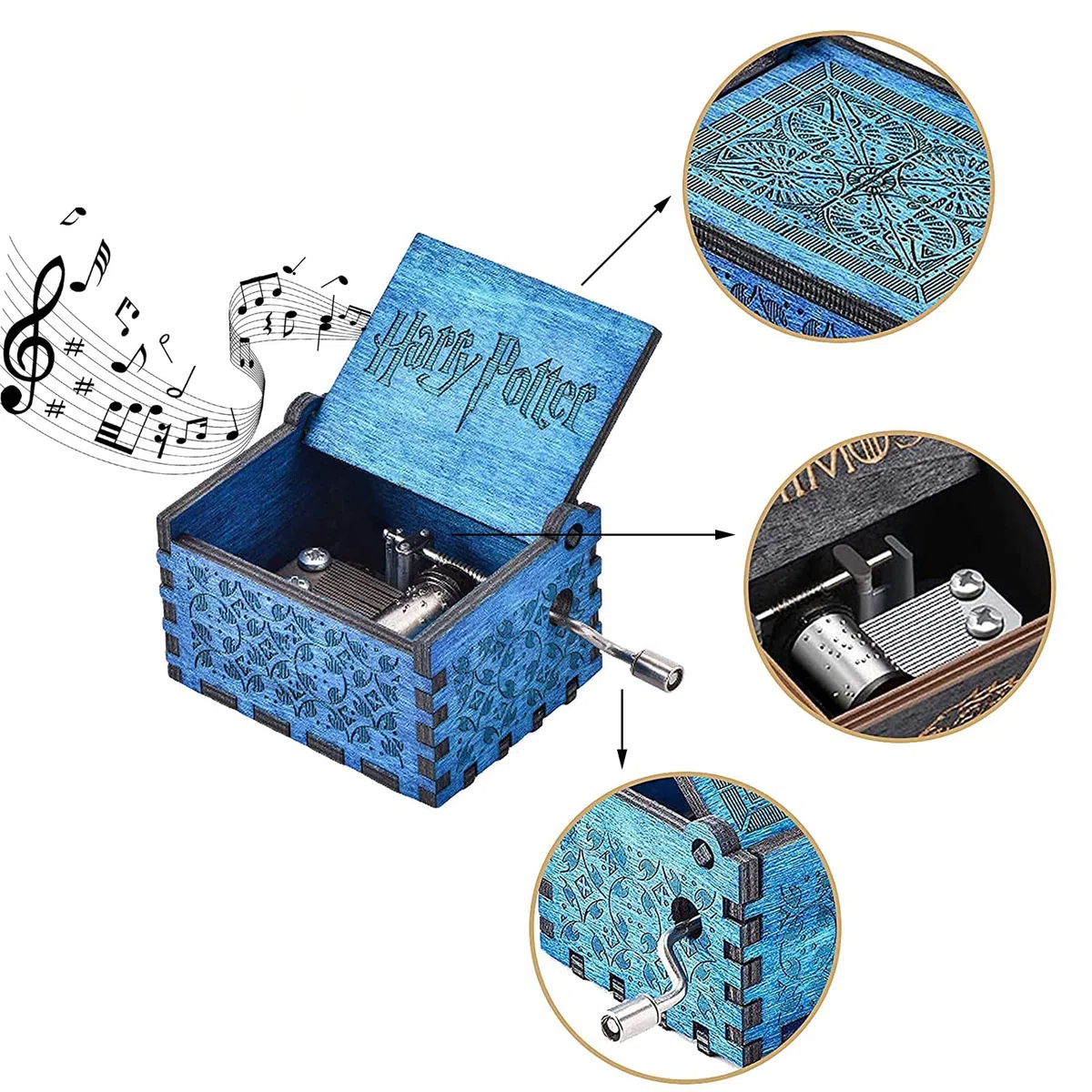 Qazuwa Scatole Musicali in Legno Intagliate Carillon in Legno Regalo Carillon di Legno di Manovella Carillon a Manovella Vintage Antiquariato Idea Regalo per Compleanno Natale San Valentino (Blu)