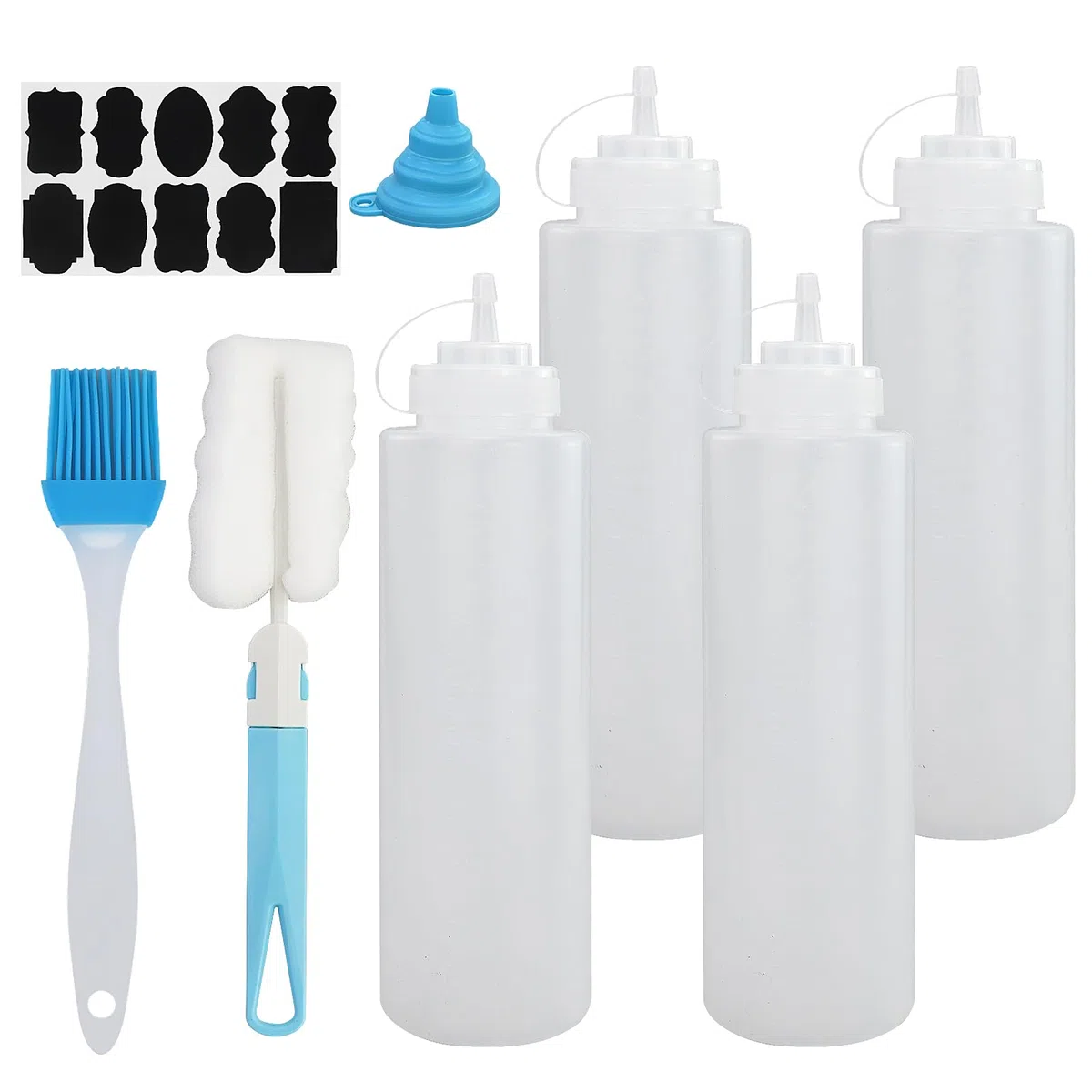 4 Pezzi Biberon Cucina Professionale 1000ml, Squeeze Bottle 32oz, Trasparente Biberon da Cucina, Ottiglia Squeeze di Plastica con 1 Pennello di Pulizia e 10 Adesivi per Ketchup Olio D'Oliva