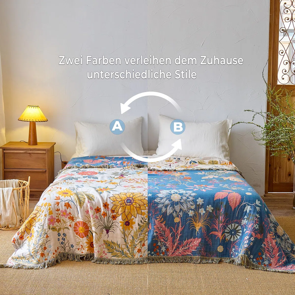 HOORDRY Copriletto boho in 100% cotone, 230 x 250 cm, double face, grande coperta per divano con nappe, di alta qualità, decorativa morbida, adatta come copriletto, copridivano o coperta per TV, beige