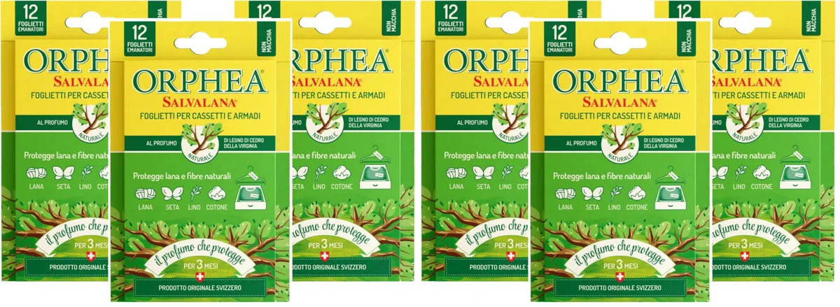 Orphea, Foglietti Salvalana per Cassetti e Armadi, per Lana e Vestiti Tutta la Stagione, Profumo Legni di Cedro, Confezione 3 pack da 12 Foglietti (Confezione da 2)
