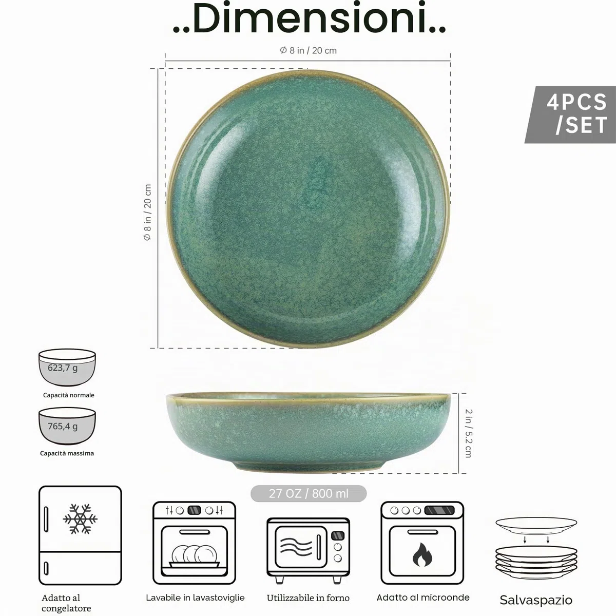 HENXFEN LEAD ciotole per pasta, 740ml ciotole per zuppa in ceramica, set di 4 ciotole per insalata in porcellana, verde lucido