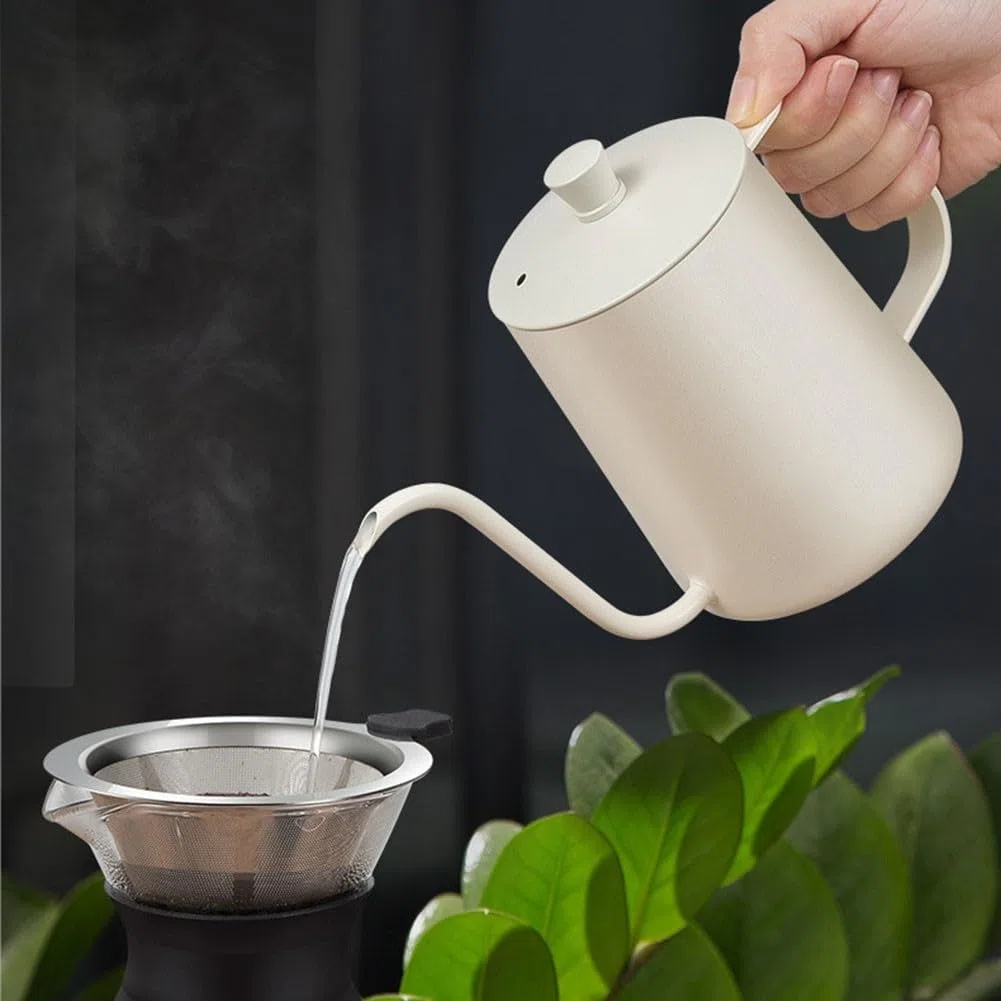Bollitore da caffè a collo d'oca in acciaio inox, design elegante con manico resistente al calore, bollitura rapida per la casa (coperchio graduato 600 ml)