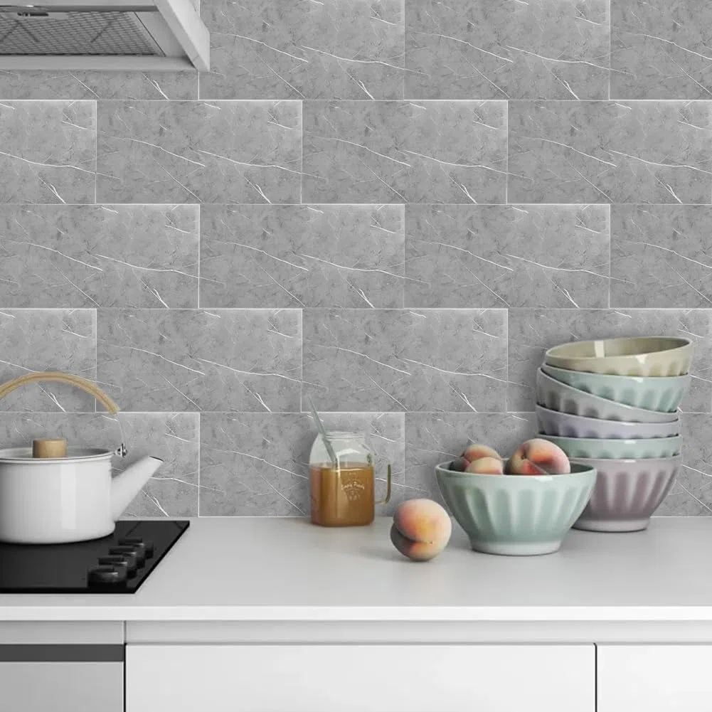 Set di 10 adesivi per piastrelle, effetto marmo, 60 x 30 cm, piastrelle autoadesive, impermeabili, effetto pietra, pannelli da parete per cucina e bagno, ristrutturazione paraspruzzi (grigio fulmine)