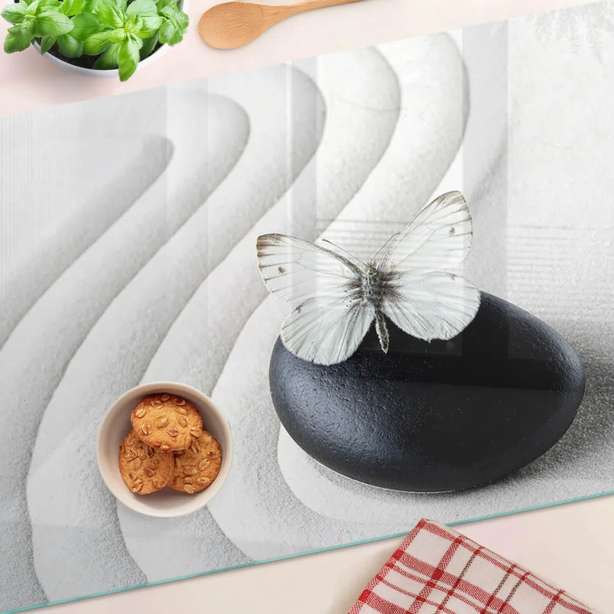 Tagliere in Vetro Temperato 80x52 cm da Cucina con Piedini Antiscivolo Durevole e Igienico Resistente al Calore con Stampe Facile da Pulire Rettangolare Antigraffio - Farfalla Zen